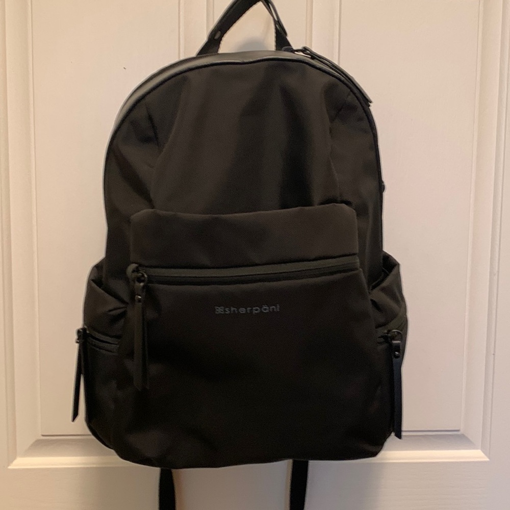 Sherpani black backpack.